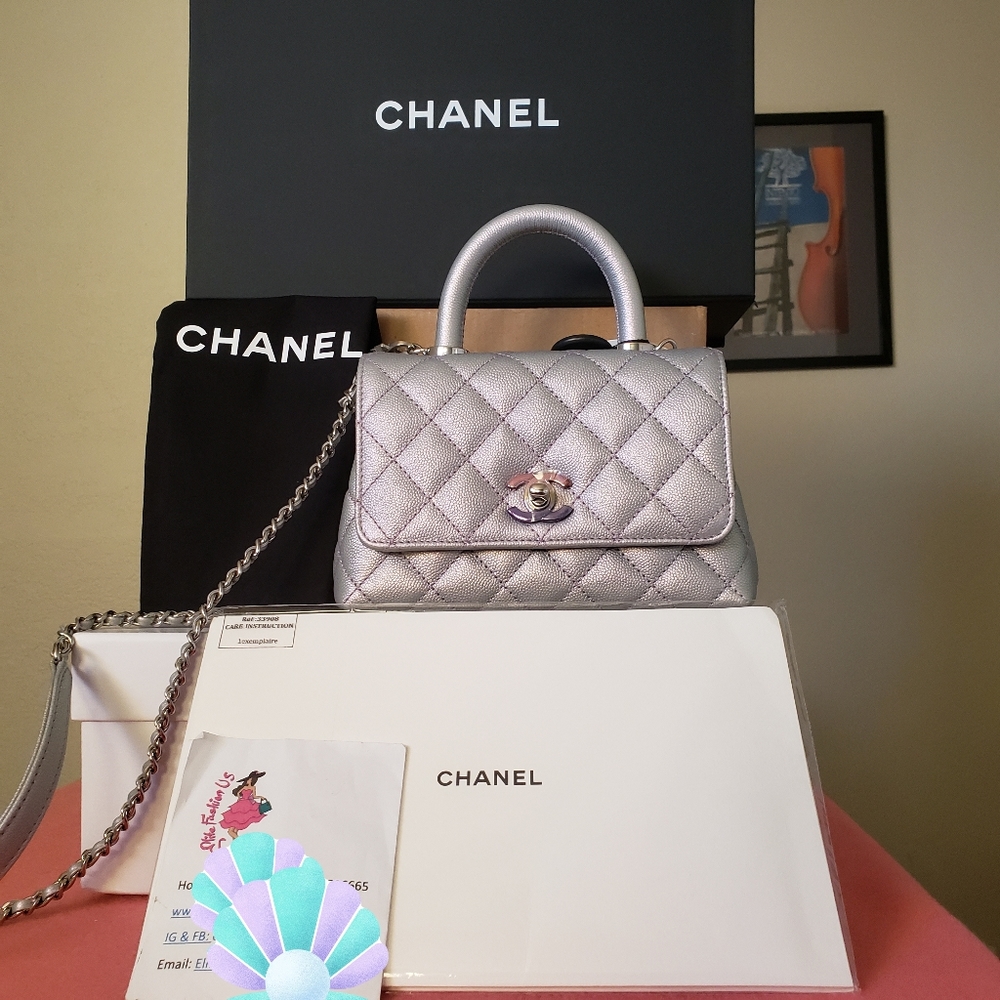 Chanel coco handle extra mini iridescent purple caviar silver hardware bag